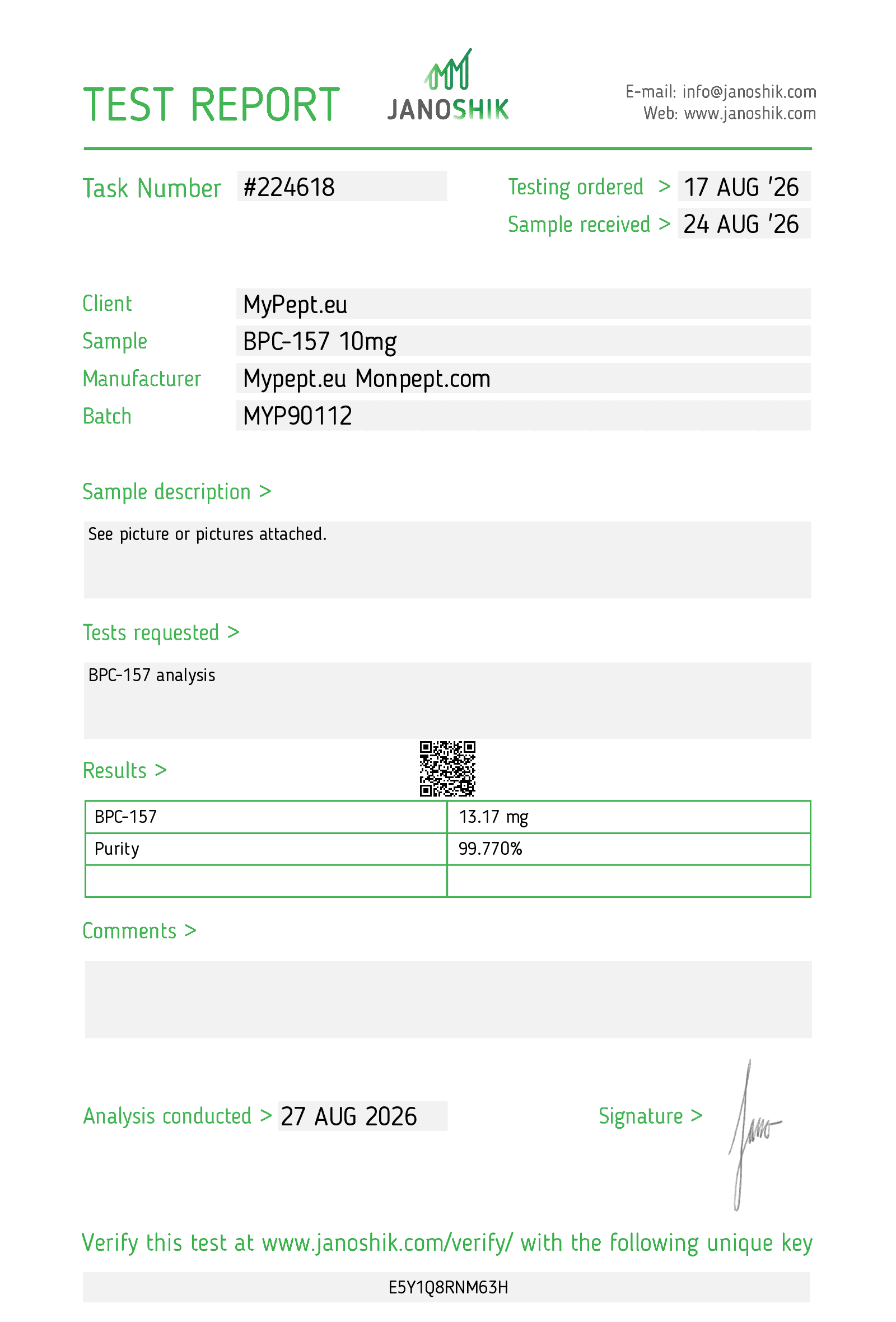 Janoshik Certificate of Analysis — BPC-157 10 mg — test #224618, batch MYP90112