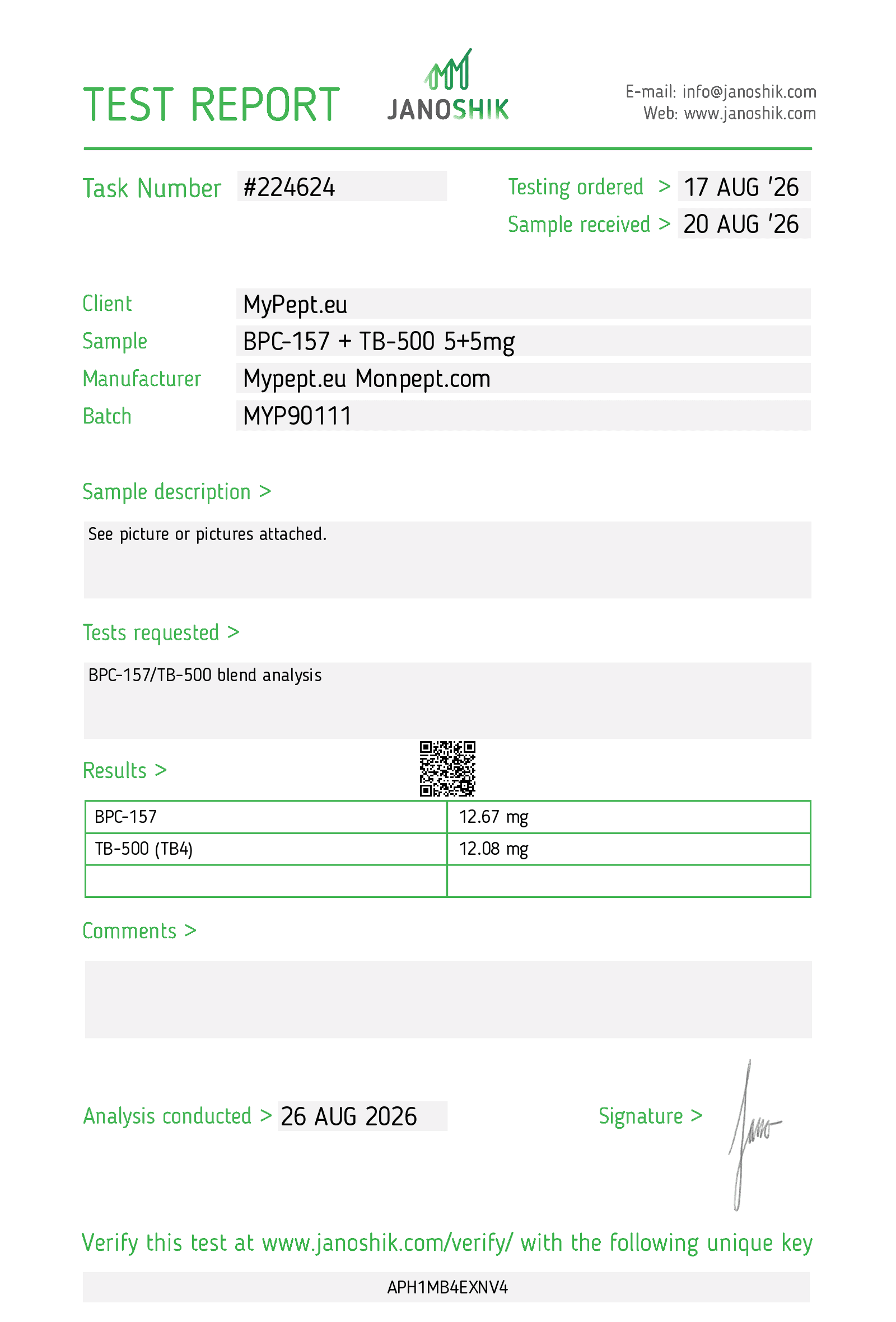 Janoshik Certificate of Analysis — BPC-157 + TB-500 5+5 mg — test #224624, batch MYP90111