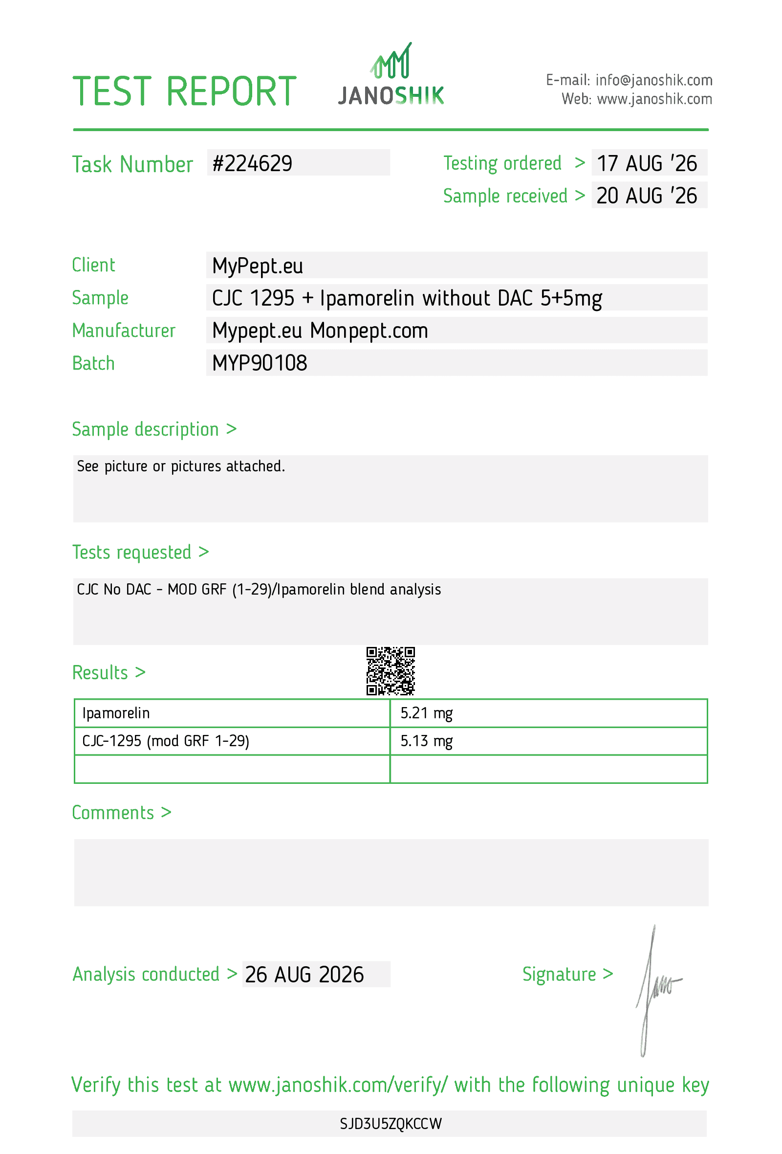 Janoshik Certificate of Analysis — CJC-1295 no DAC + Ipamorelin 5+5 mg — test #224629, batch MYP90108