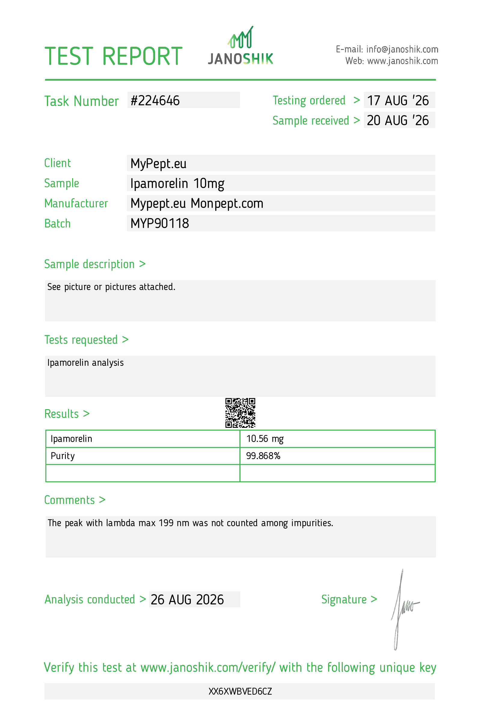 Janoshik Certificate of Analysis — Ipamorelin 10 mg — test #224646, batch MYP90118