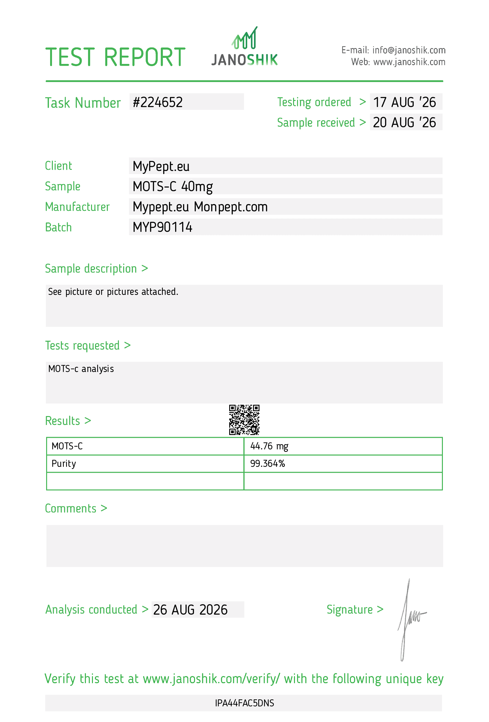 Janoshik Certificate of Analysis — MOTS-C 40 mg — test #224652, batch MYP90114