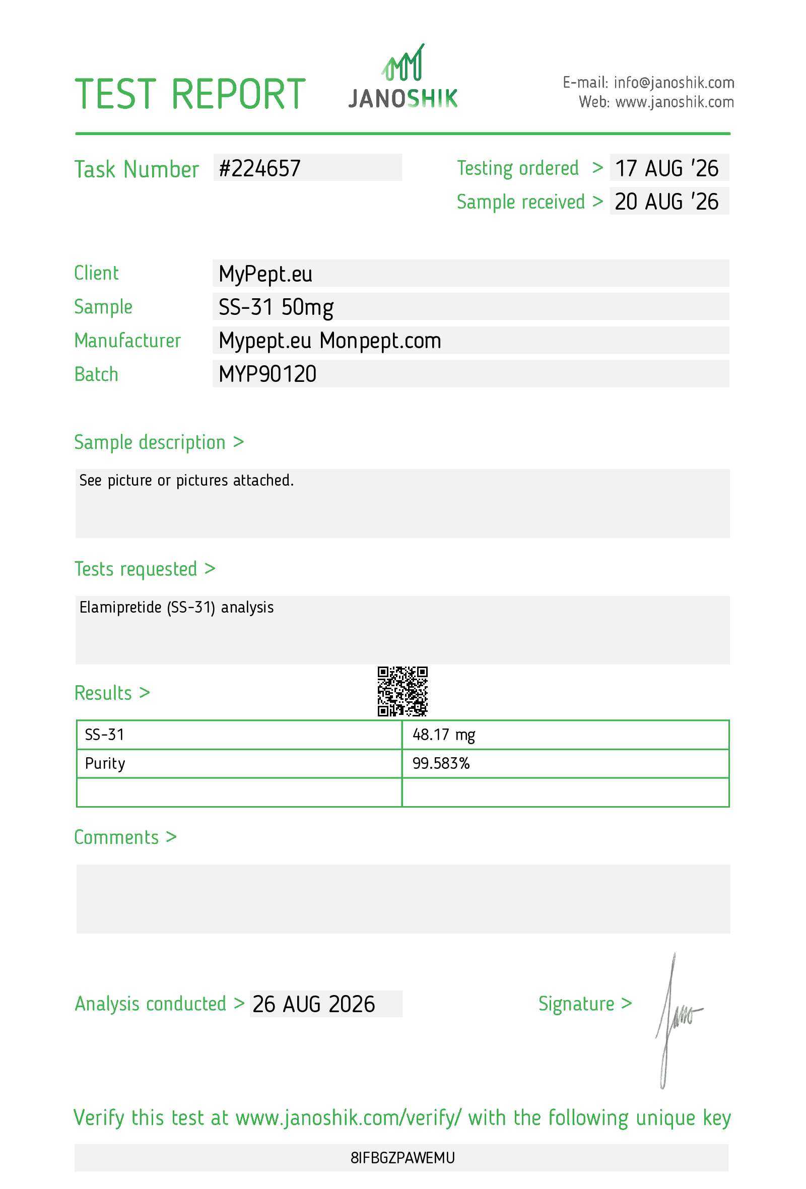 Janoshik Certificate of Analysis — SS-31 50 mg — test #224657, batch MYP90120