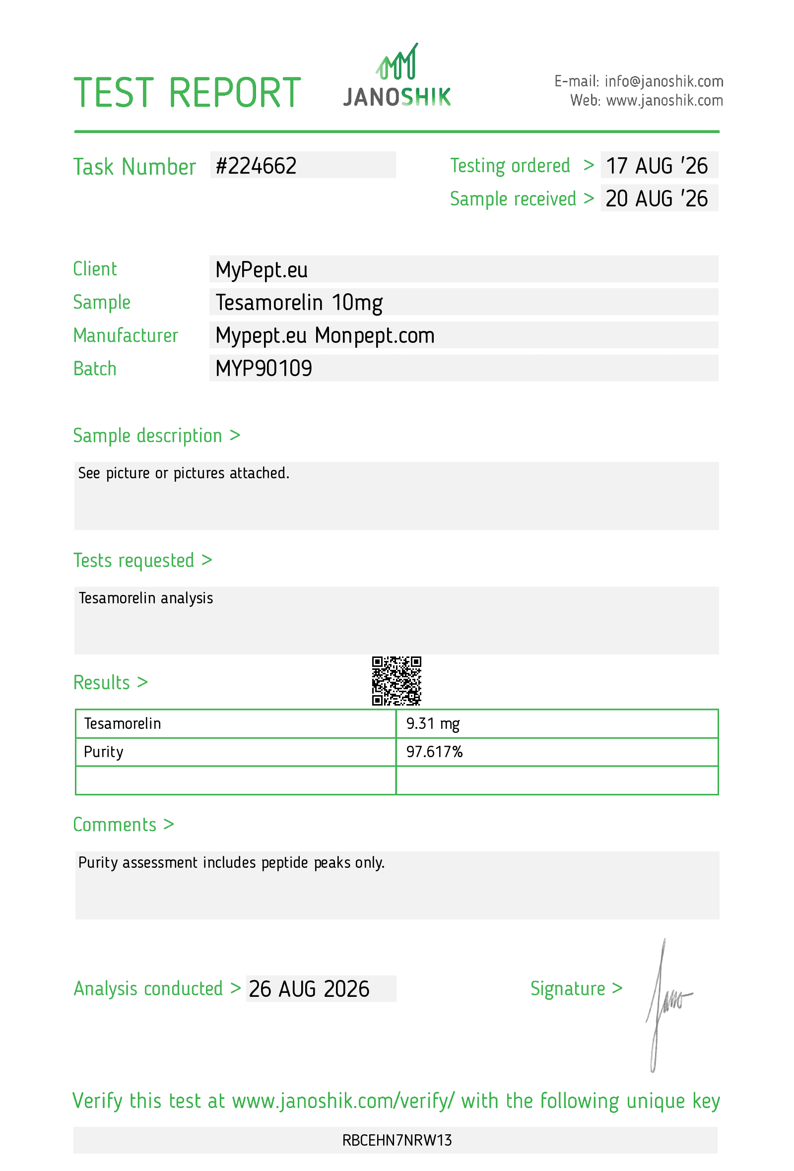 Janoshik Certificate of Analysis — Tesamorelin 10 mg — test #224662, batch MYP90109