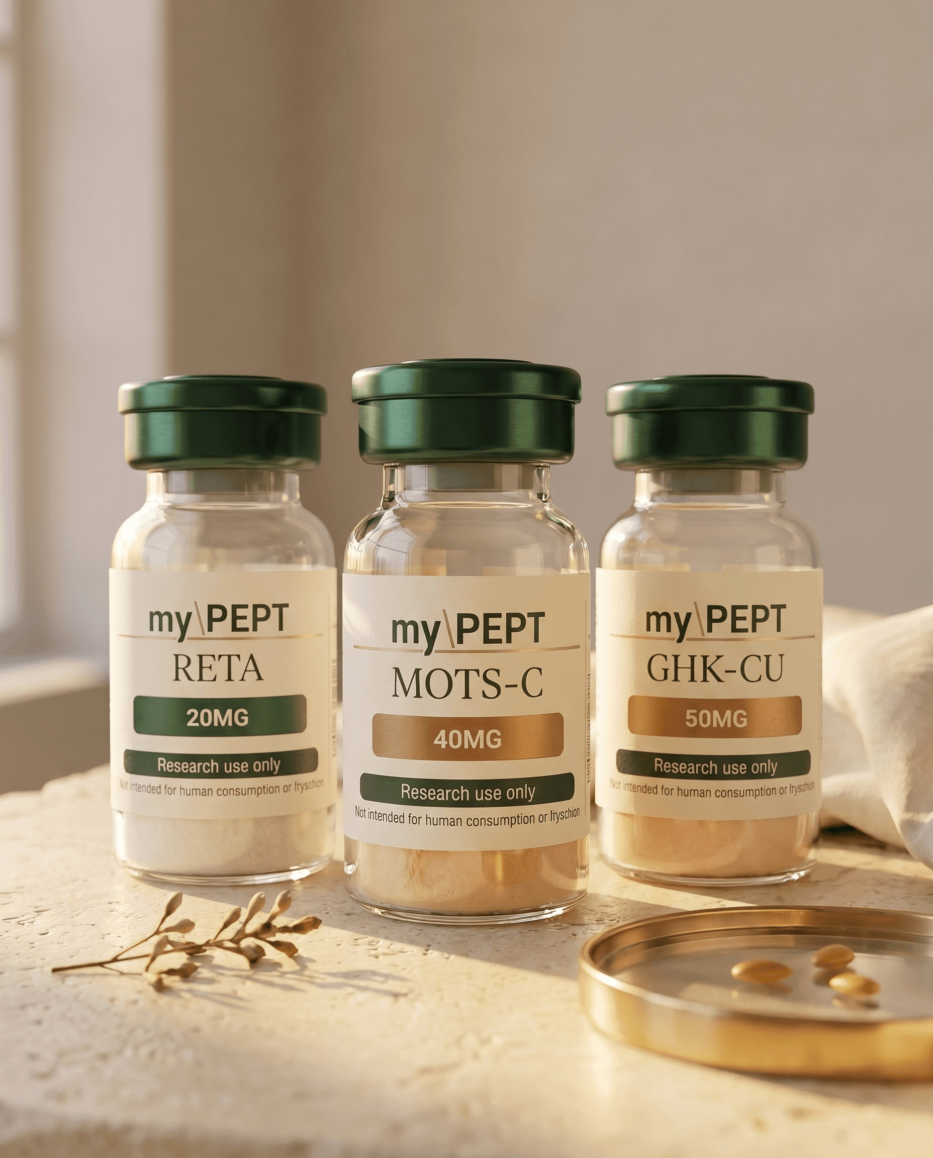 The Accelerator Stack — Retatrutide 20mg + MOTS-C 40mg + GHK-Cu 50mg on cream stone with brass petri dish, editorial myPEPT aesthetic