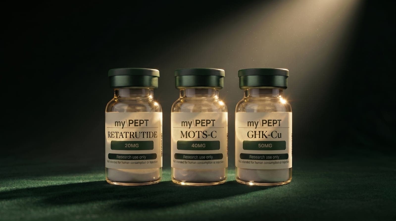 The Accelerator Stack — Retatrutide 20mg + MOTS-C 40mg + GHK-Cu 50mg — myPEPT research peptide bundle