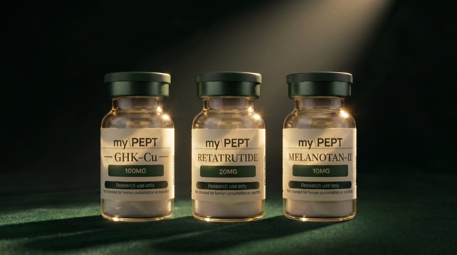 The Glow Up Stack — GHK-Cu 100mg + Retatrutide 20mg + Melanotan-II 10mg — myPEPT research peptide bundle