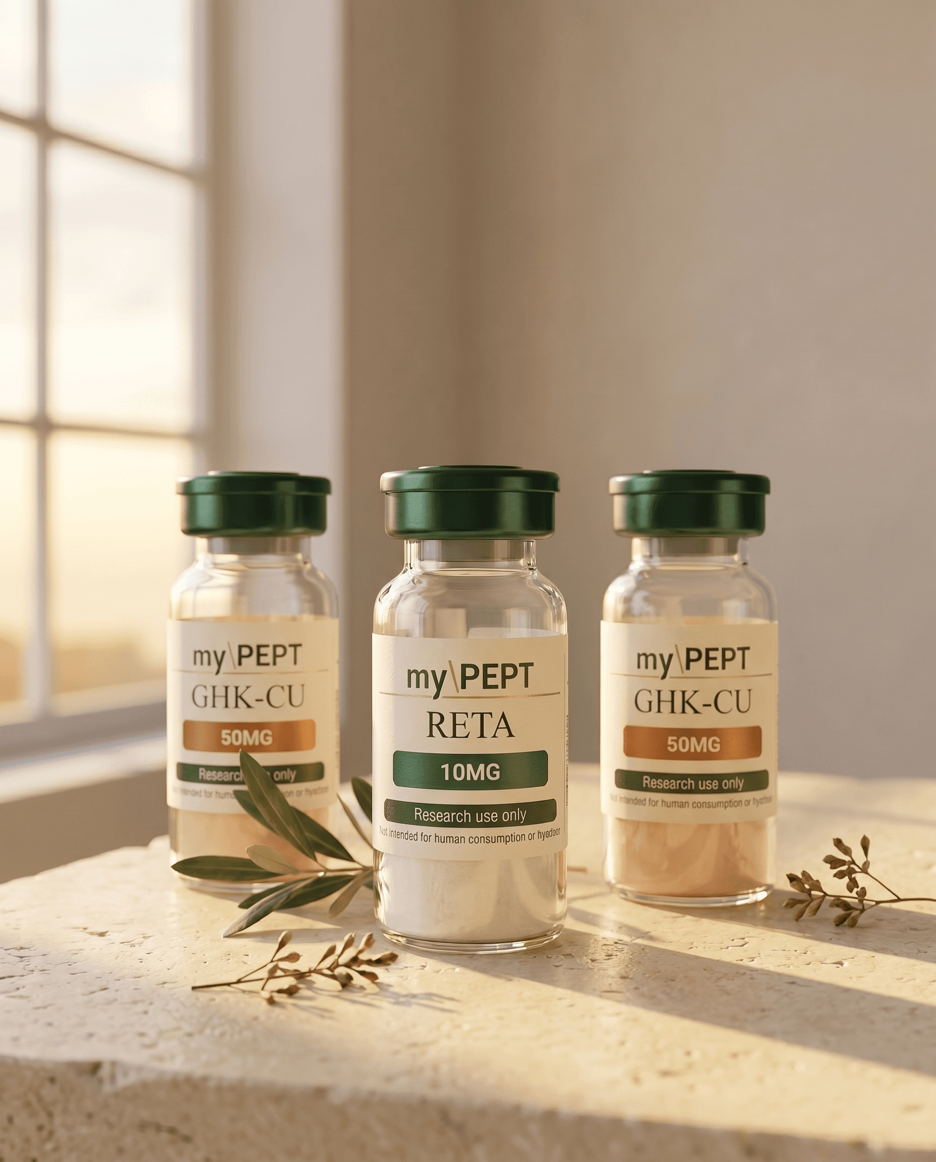 The Recovery Protocol — 2× GHK-Cu 50mg + Retatrutide 10mg, editorial myPEPT vials on cream stone with olive branch