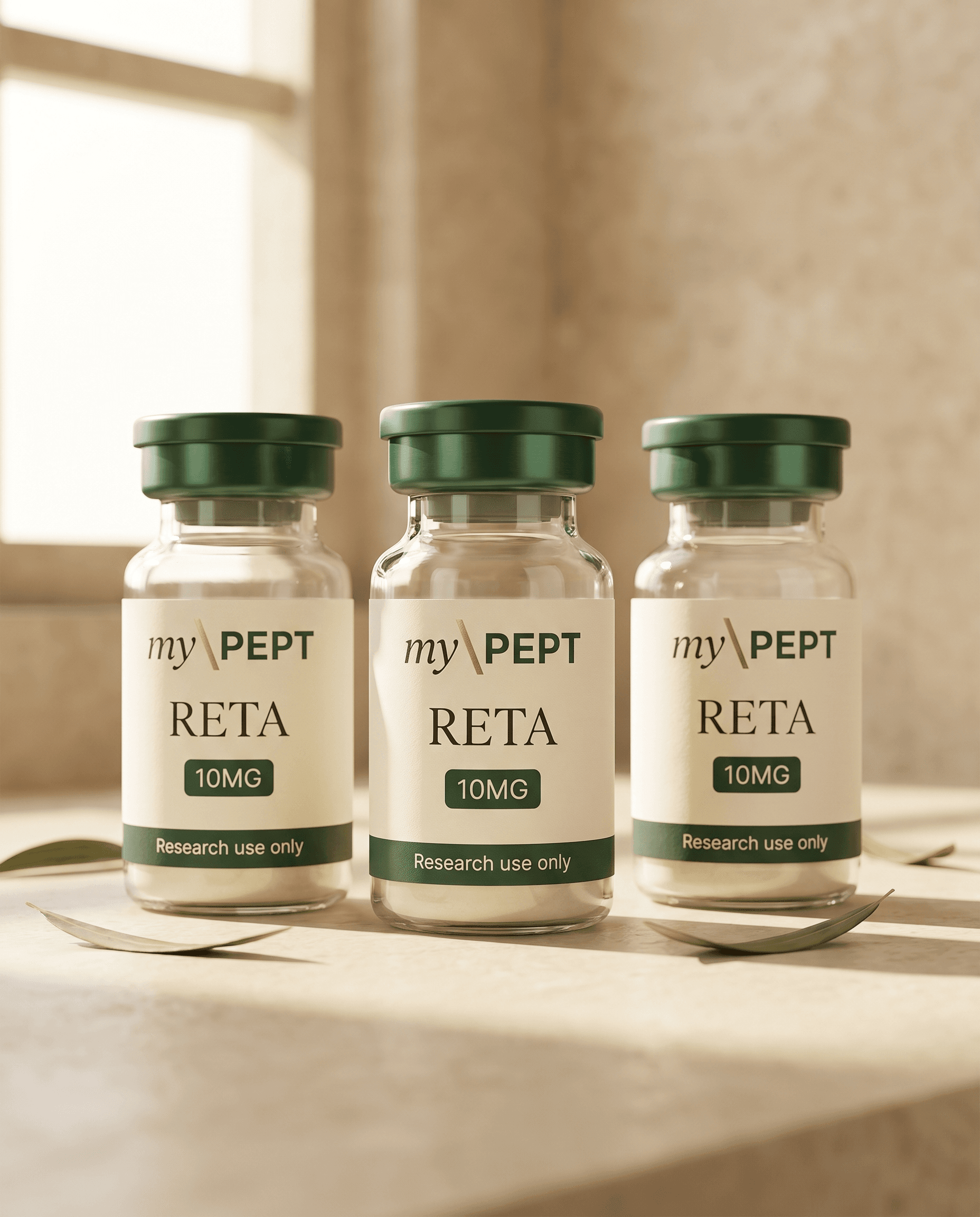 The Reta Triplet — 3 identical Retatrutide 10mg vials on warm cream stone, editorial myPEPT aesthetic