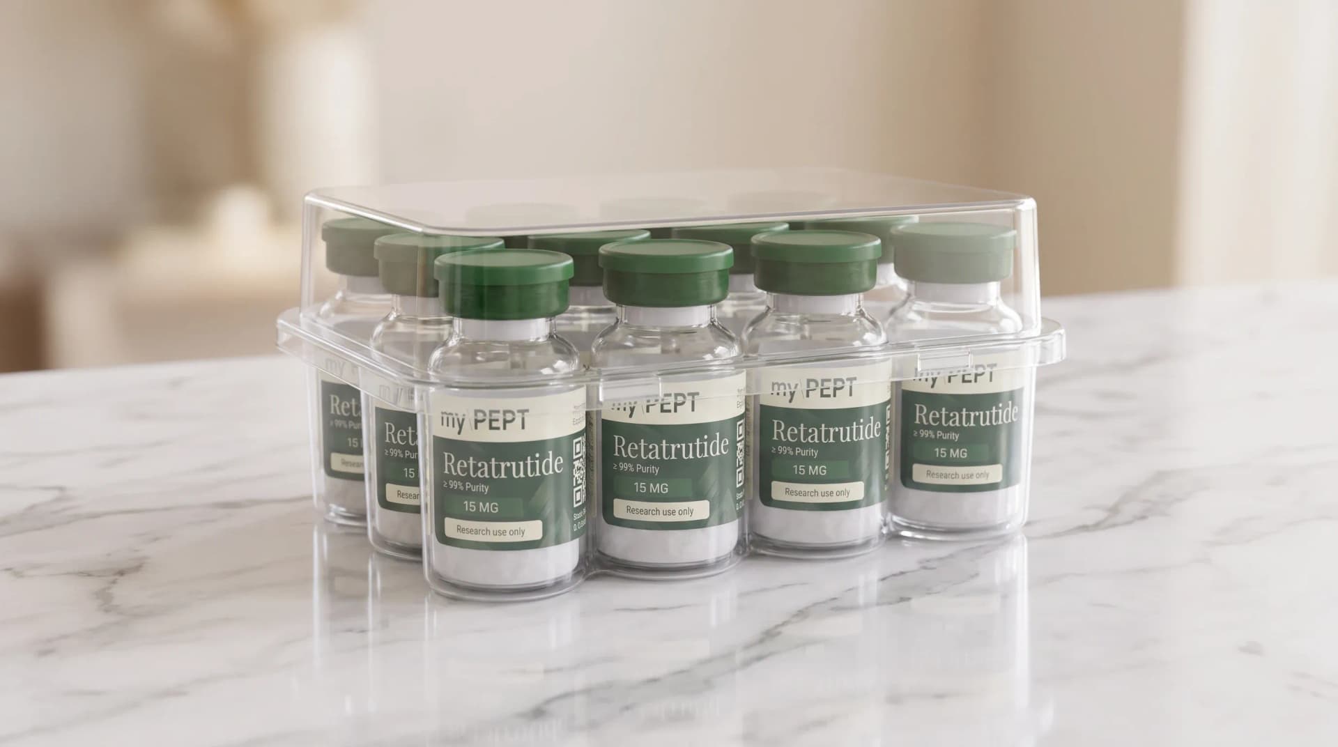 Transparent peptide storage case holding ten 3 ml vials — myPEPT